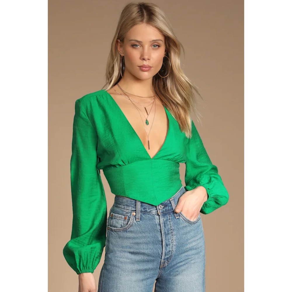 Lulus Green Tie Back Crop‎ Top Plunging V Neck Long Sleeve Blouse XS